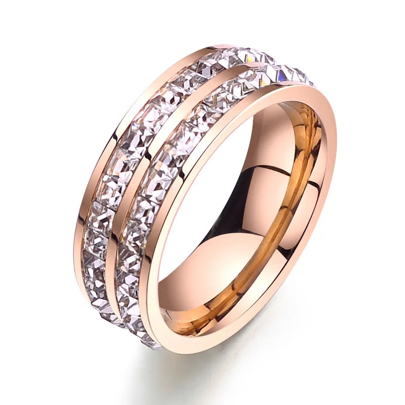 luckacco clear white stones wedding women ring stainless steel 1 and 2 rows bling zircon fashion pair ring female jewelry