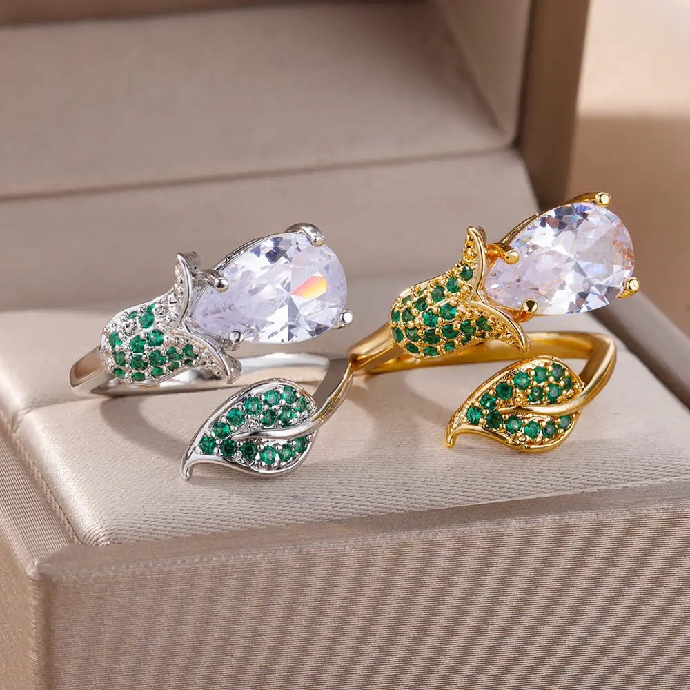 luckacco 2025 fashion colorful zircon flower rings for women gold color stainless steel finger ring trend luxury boho aesthetic jewelry