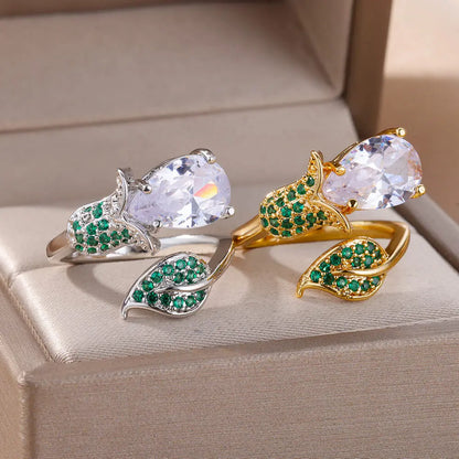 Luckacco 2025 Fashion Colorful Zircon Flower Rings For Women Gold Color Stainless Steel Finger Ring Trend Luxury Boho Aesthetic Jewelry