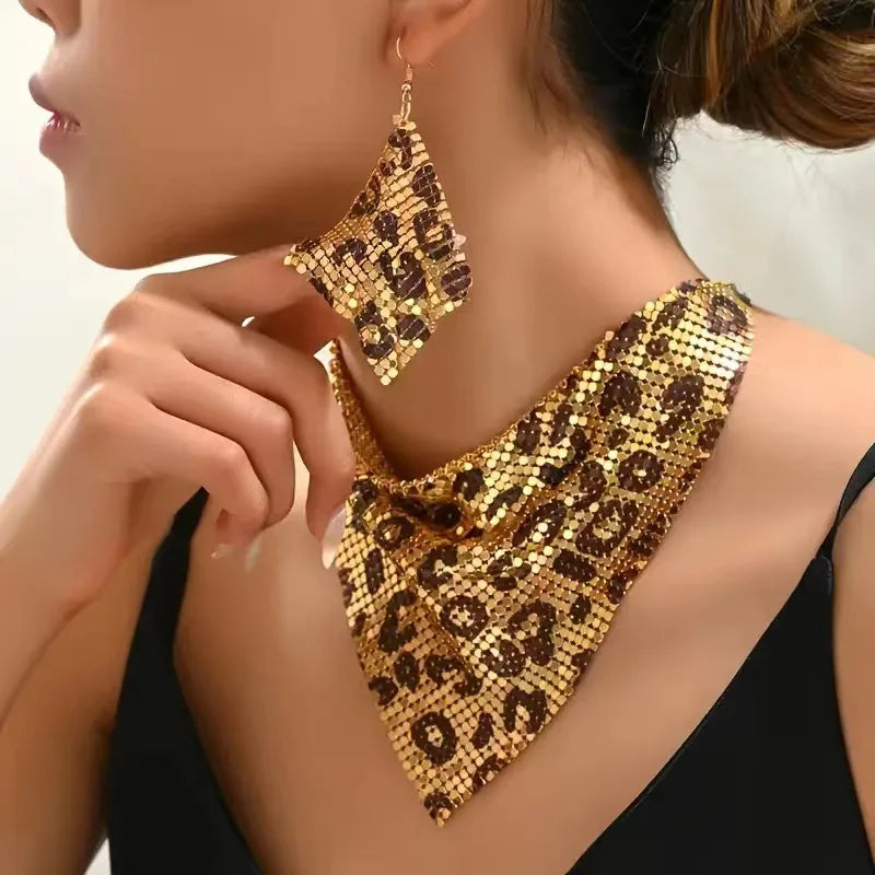 luckacco exaggerated leopard print triangle scarf shaped necklace diamond drop earrings for women fashion party 2pcs jewelry set