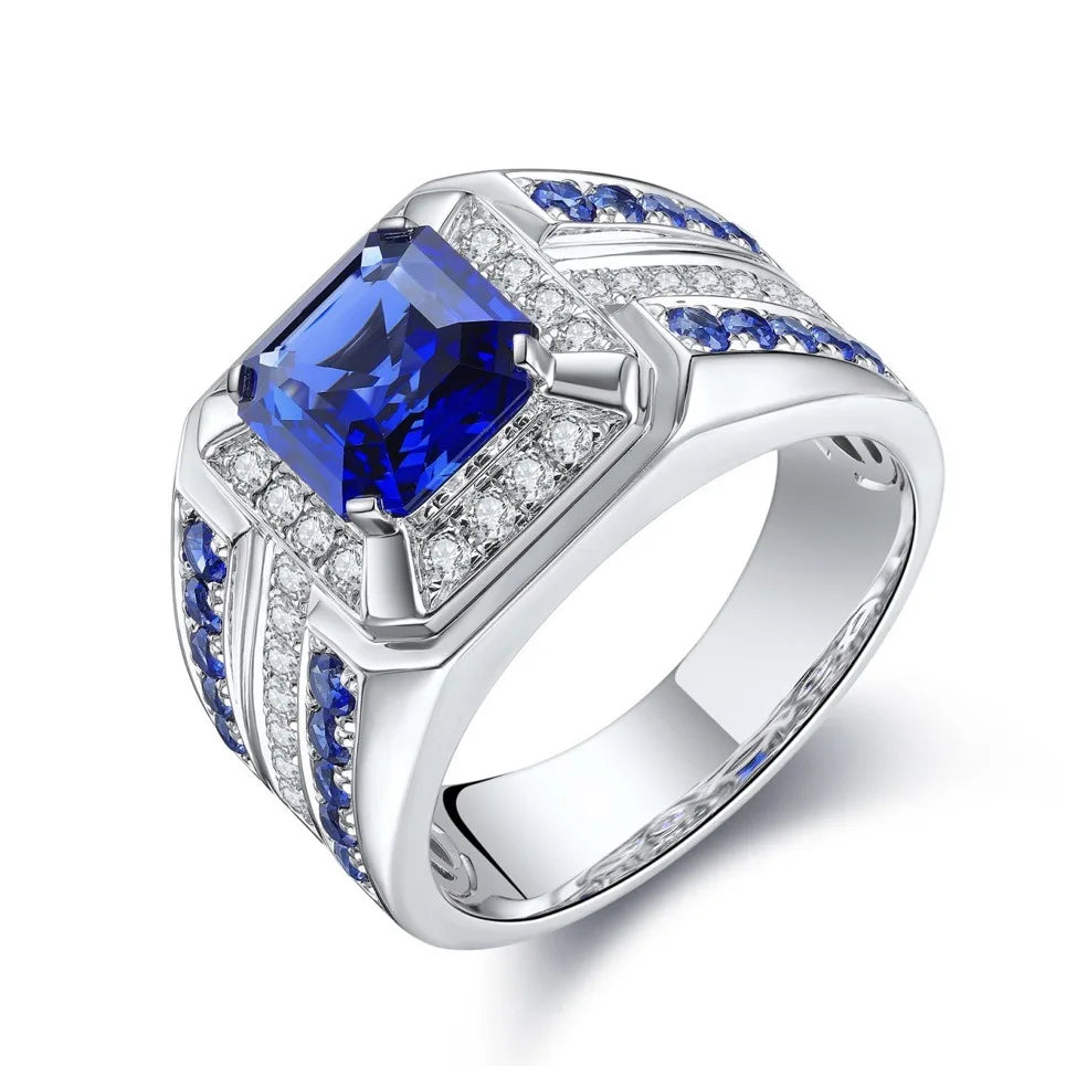 luckacco hot selling silver plated alloy mosaic blue square zircon rings for men jewelry birthday party ring  size 7-13