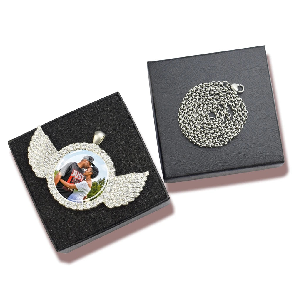luckacco custom necklace personalized photo picture angel wings rhinestone pendant chains necklaces creative fashion hip hop jewelry gift