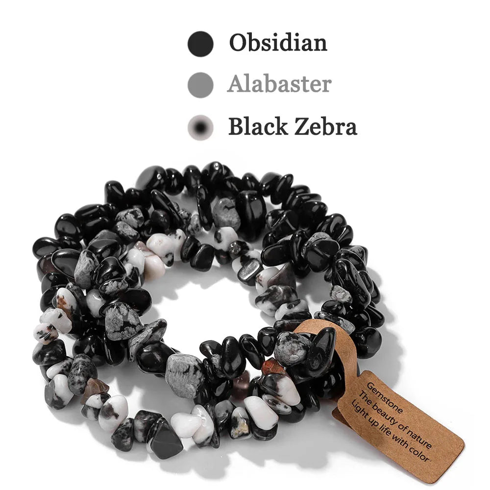 luckacco 3pcs natural chip stone bracelet set irregular fluorite quartzs stretch bracelet with tag healing jewelry gifts for women men
