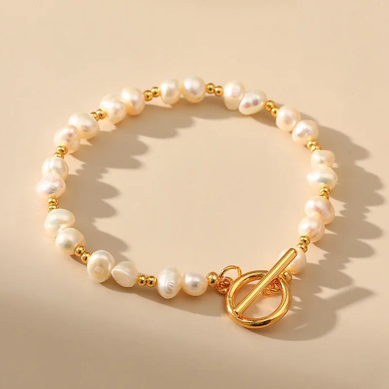 luckacco fashion freshwater pearl gold plated beaded bracelet for women natural pearls with link chain bracelet bangles charm jewelry