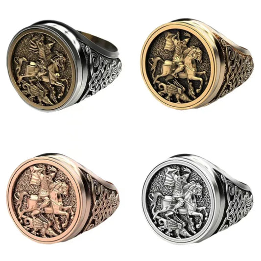 Luckacco Vintage St George and The Dragon Rings for Men Stainless Steel Jewelry Soldier's Protector Courage Luck Ring on The Battlefield