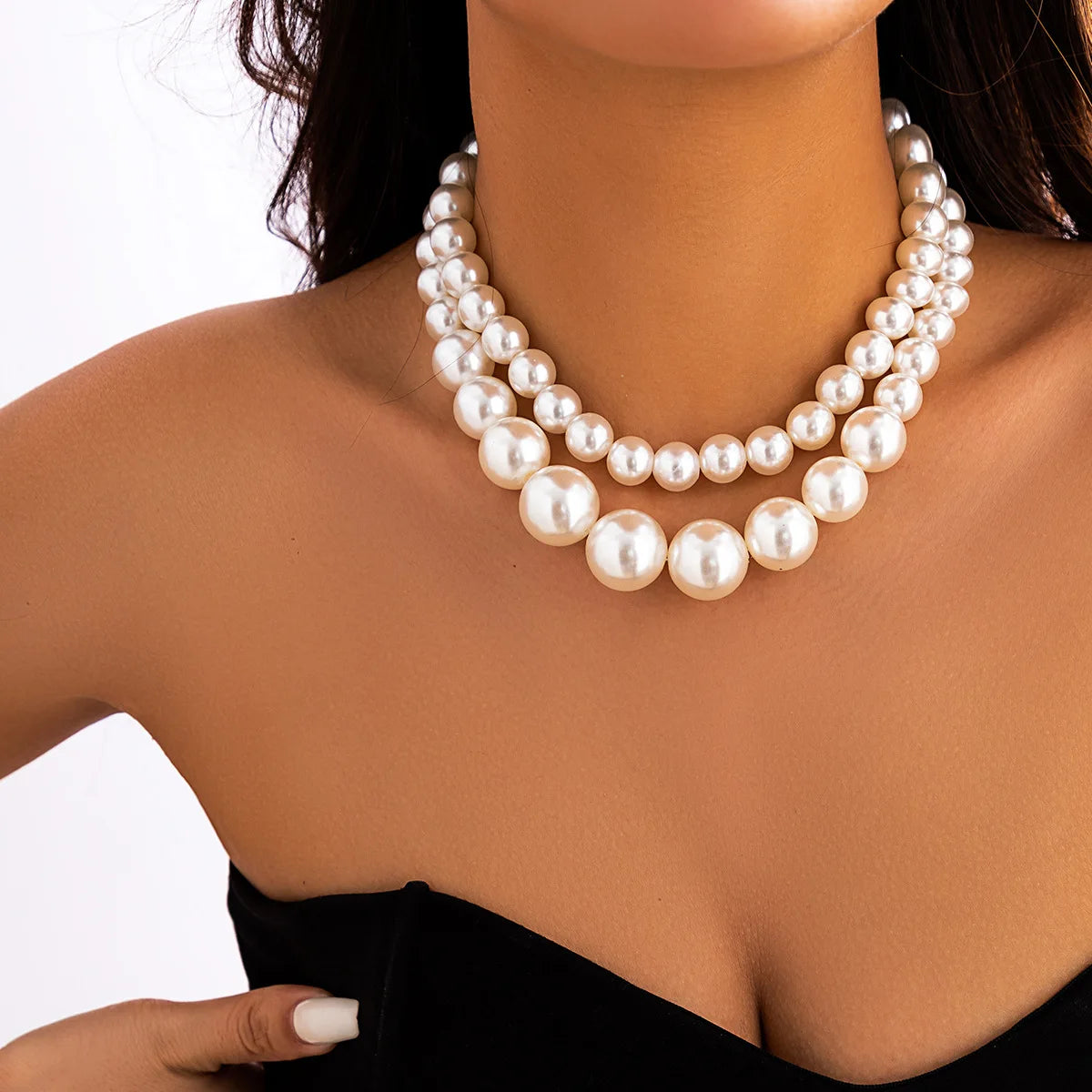 luckacco 2 women's european and american trendy double row large pearl necklaces for outdoor travel parties, holiday gifts -802057