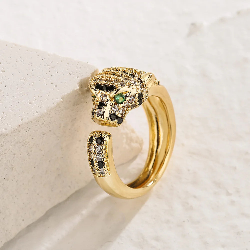 luckacco new arrive high quality bling women rings, gold color leopard finger band with aaa cz stone row, elegant lover jewelry gift