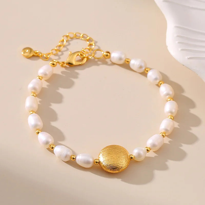 luckacco fashion freshwater pearl gold plated beaded bracelet for women natural pearls with link chain bracelet bangles charm jewelry