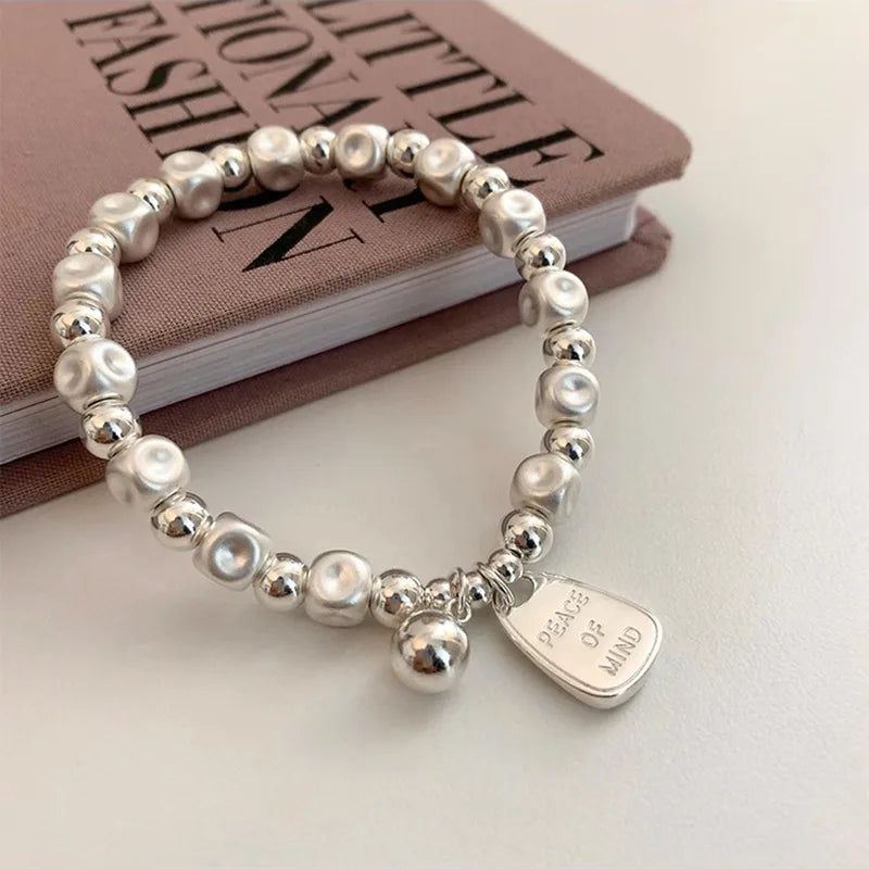 luckacco new 925 silver geometric bead punk peace of mind words irregular string bracelet for woman girl fashion jewelry gift dropship