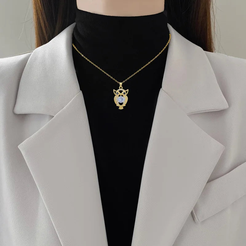 luckacco women's stainless steel owl necklace european and american popular light luxury temperament pendant collarbone chain jewelry