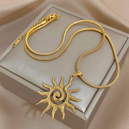 Luckacco Unique Spiral Sun Totem Pendant Necklace for Women Men Stylish Gold Silver Color Stainless Steel Necklaces Charm Ethnic Jewelry