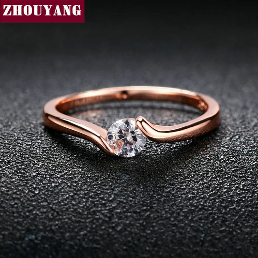 Luckacco ZHOUYANG Wedding Ring For Women Concise 4mm Round Cut Cubic Zirconia Rose Gold Color Engagement Fashion Jewelry ZYR239 ZYR422