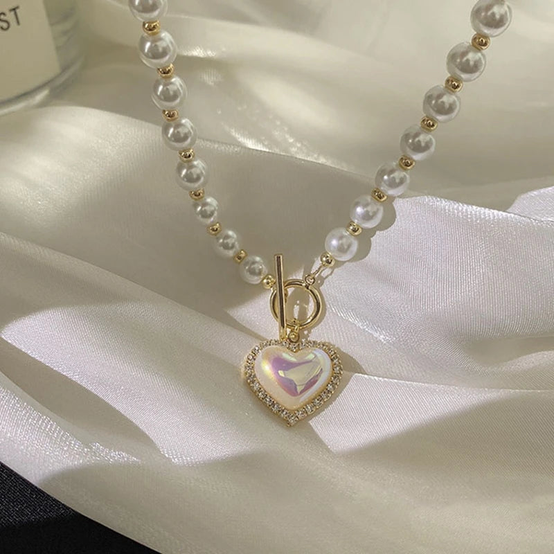 luckacco korean elegant pearl beads necklace for women fashion rhinestone shell heart pendant necklace girl charms vintage choker jewelry