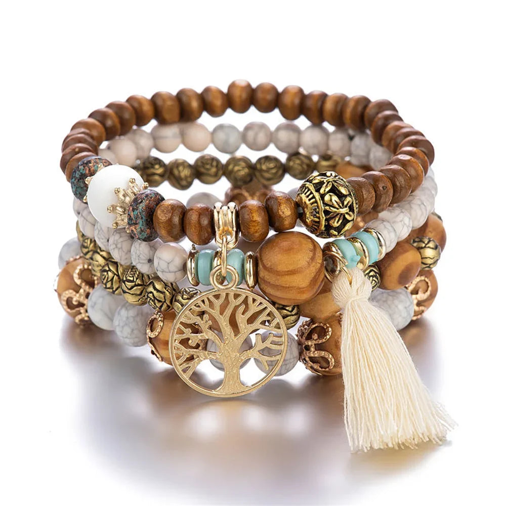 luckacco boho tree of life bracelet set for women fashion tassels charm wooden beads elastic chain bangle girl trendy party jewelry