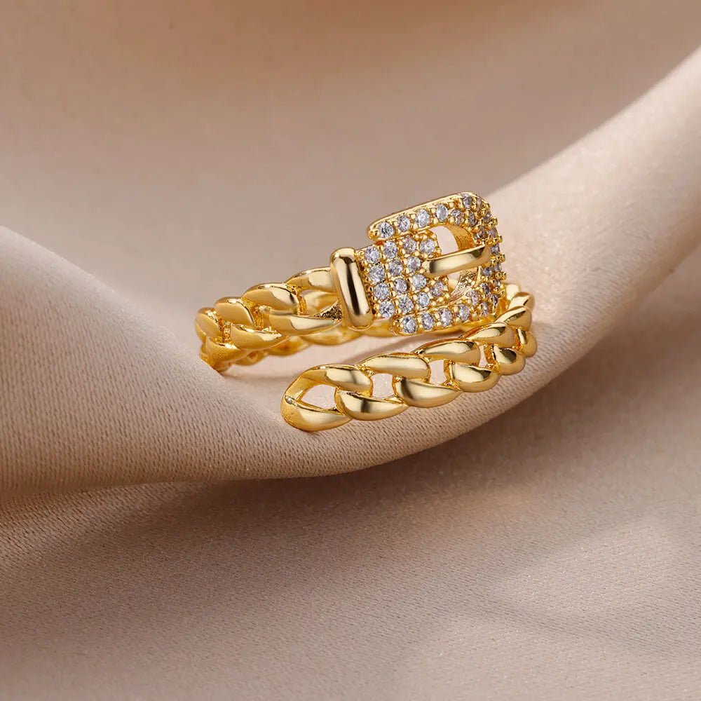luckacco zircon belt rings for women stainless steel adjustable finger ring femme geometric 2023 wedding aesthetic jewerly gift anillos