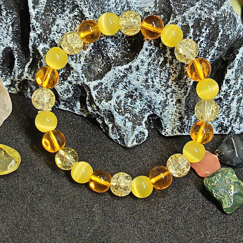 luckacco handmade cat's eye stone bracelet yellow natural crystal beaded bangle for attract wealth jewelry men women positive energy gift