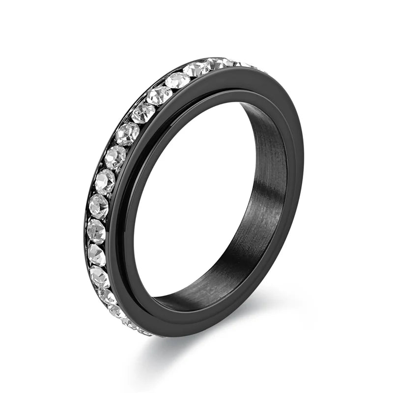 luckacco stainless steel cubic zirconia rotatable chain couple rings anti stress anxiety fidget spinner ring wedding band knuckle jewelry