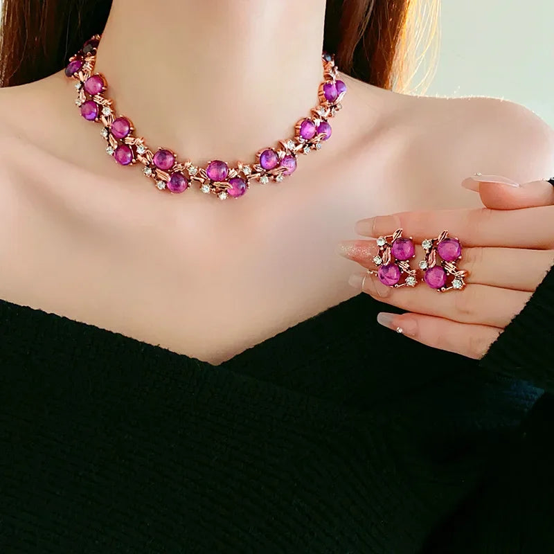 luckacco 1/3 pcs vintage purple red rhinestone necklace earrings bracelet set leaf flower metal necklace for women exquisite jewelry sets