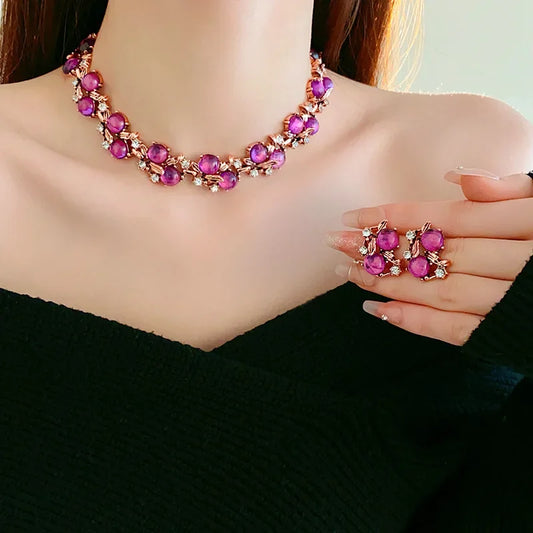 Luckacco 1/3 Pcs Vintage Purple Red Rhinestone Necklace Earrings Bracelet Set Leaf Flower Metal Necklace for Women Exquisite Jewelry Sets