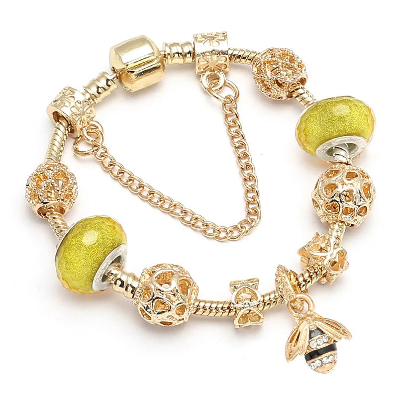 luckacco togory 2024 authentic gold color bees dangles charm bracelet white crystal beads fine bracelet for women kids birthday gifts