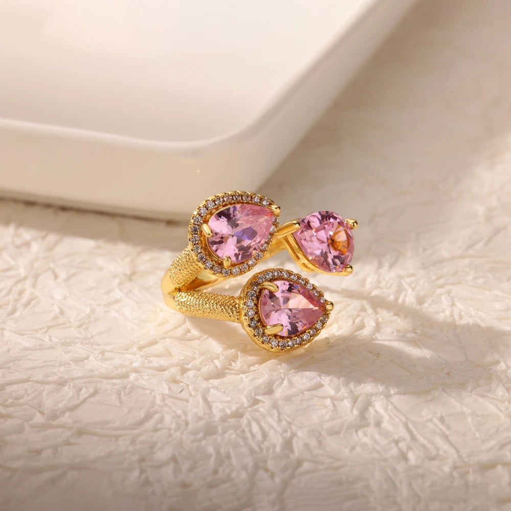 luckacco luxury gemstone flower stainless steel rings zircon adjustable ring women wedding anti fading jewelry vacation accessories gift