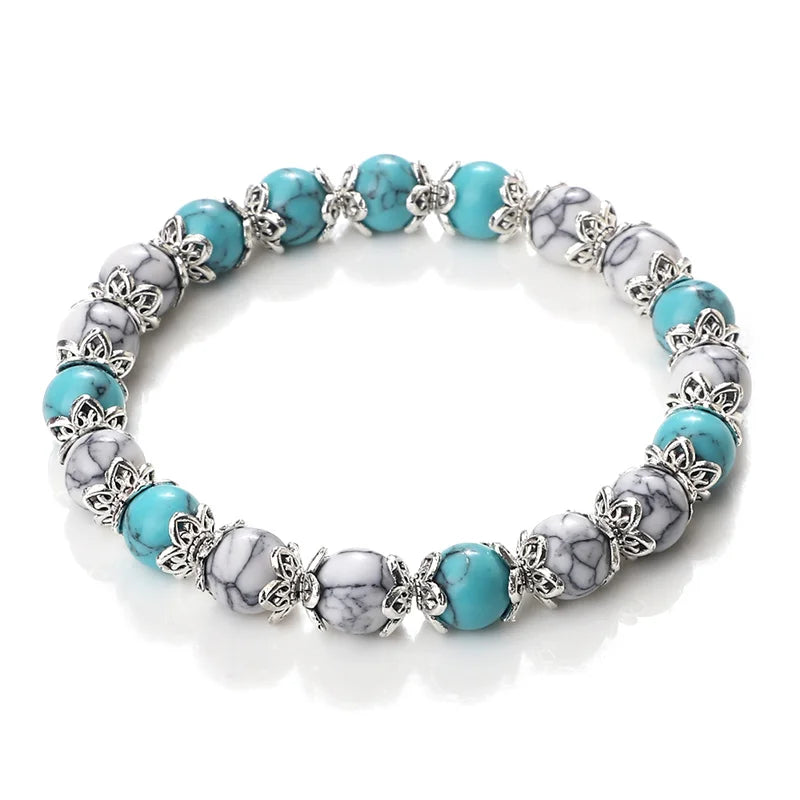 luckacco 8mm white howlite stone women bracelet metal spacer charm natural agates pink rose quartz beads bracelets for men jewelry gifts
