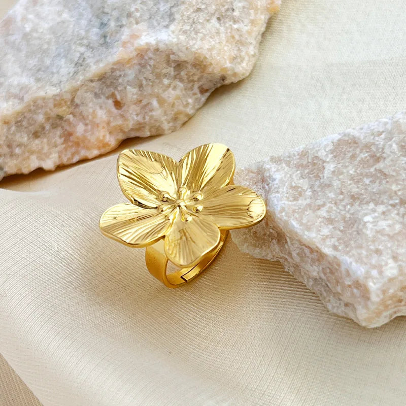 luckacco new gold color flower ring for women simple temperament party fashion trendy charm waterproof jewelry gifts