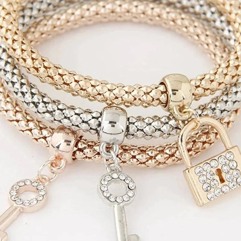 luckacco 3 pcs set heart lock key music sign charm bracelet owl rose gold plating silver color chain owm charm bangle jewelry set