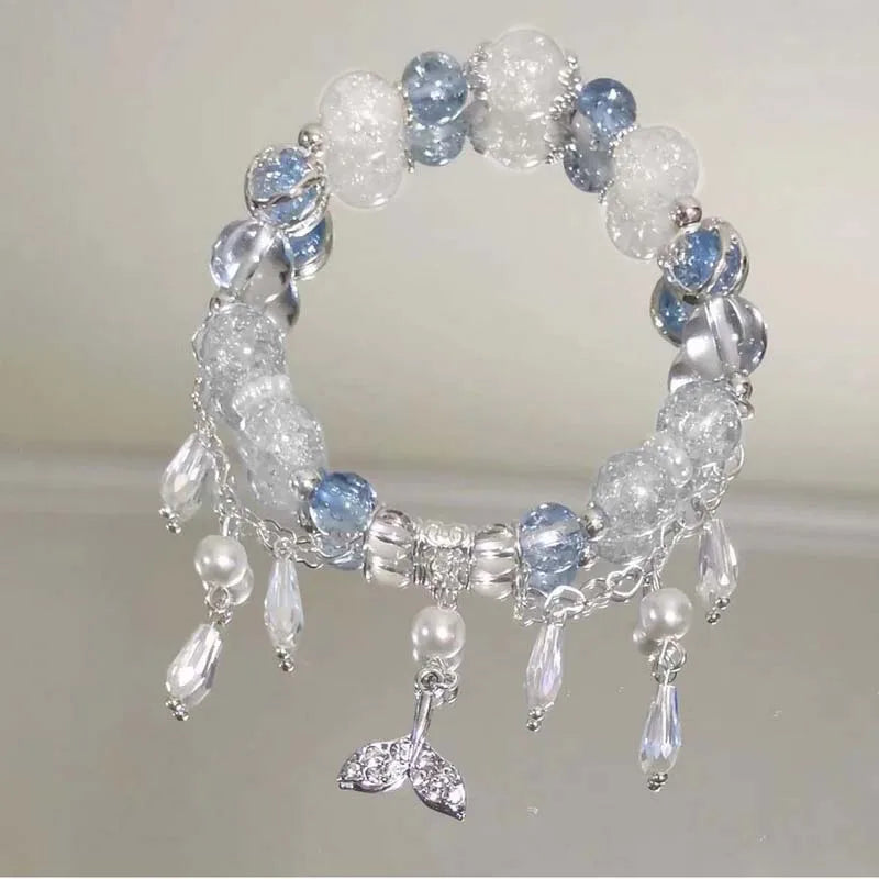 luckacco light luxury purple glass crystal beaded bracelets for women chic butterfly tassel pendant bracelets sweet girl wrist jewelry