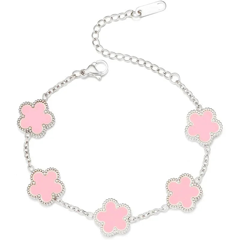 luckacco 14k gold plated five-leaf clover link bracelets white black blue gold red green lucky bracelets jewelry gifts trendy for women