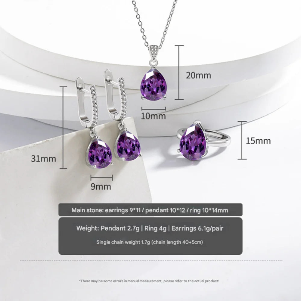luckacco 925 sterling silver jewelry set inlaid with simulated amethyst zircon, teardrop necklace earrings ring women's elegant jewelry