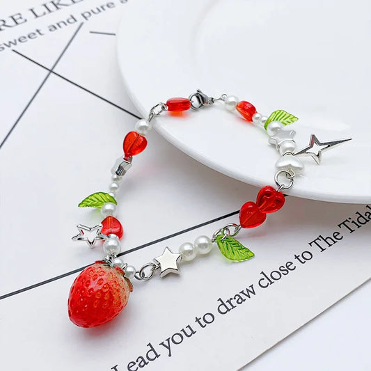 Luckacco 1 Pc Exquisite Strawberry Cute Fashion Color Alloy Beaded Bracelet Set Women Party Favors