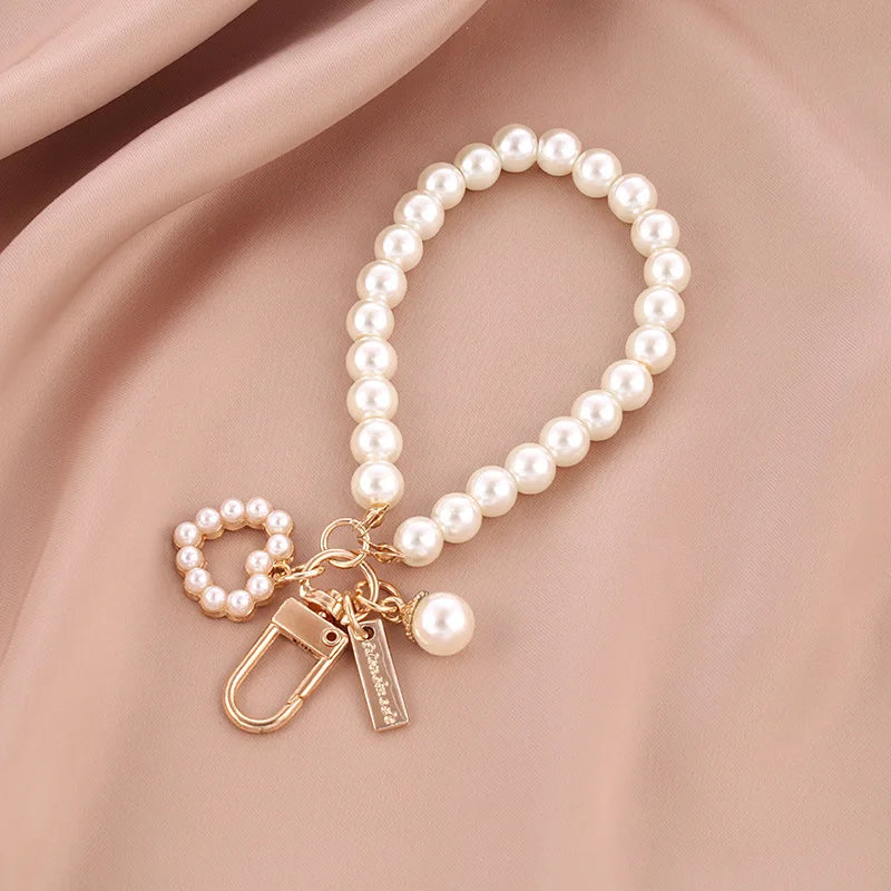 luckacco picks cute pearl keychain for women girls shiny pearl bead shell phone bag backpack charm accessory car key key chain pendant
