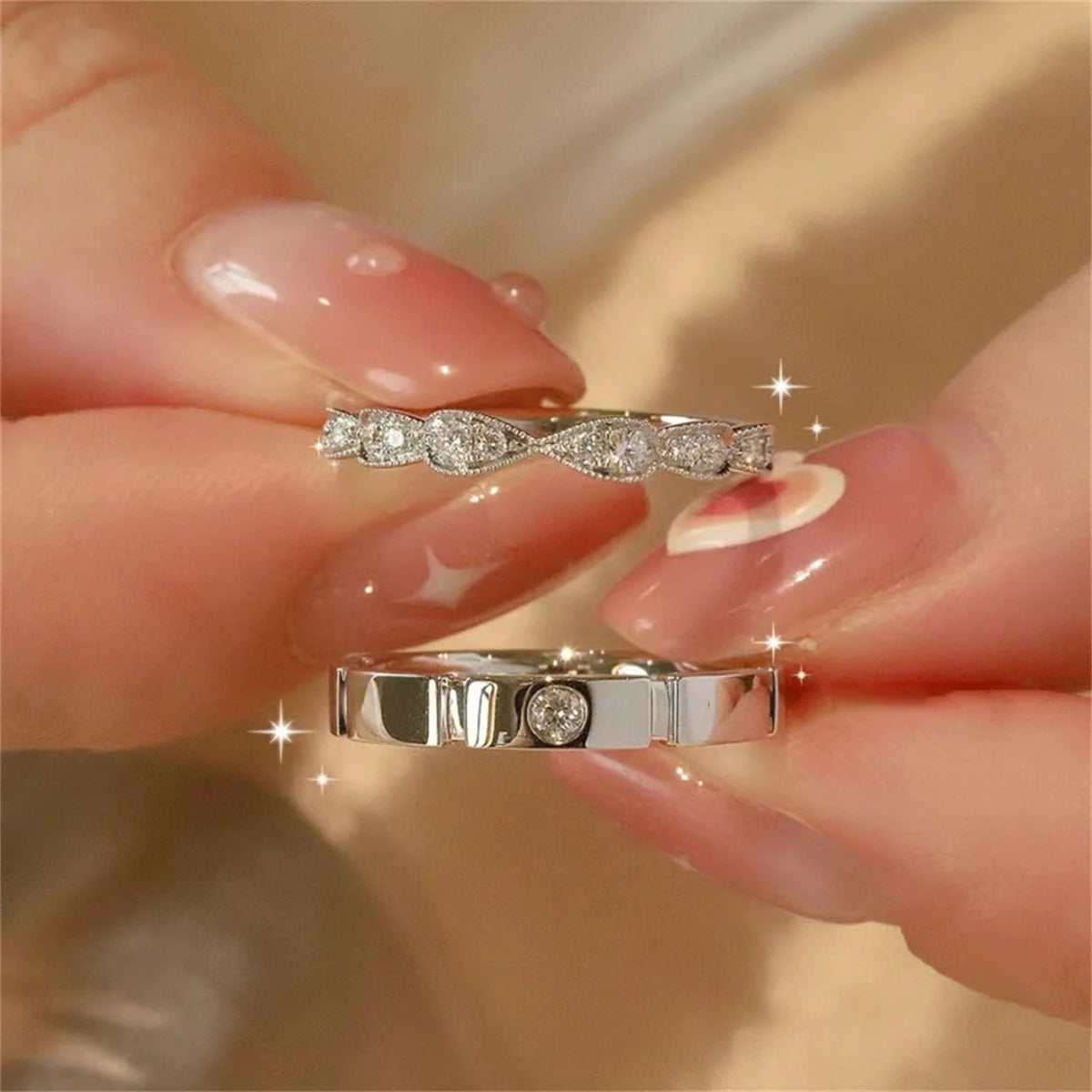 luckacco 2pcs silver color luxury zircon crown cross couple rings for lovers forever endless love wedding bands ring valentines day gifts