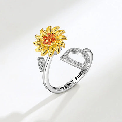 Luckacco Rotating Sunflower Initial Letter Rings For Women Anti Anxiety Spinner You Are My Sunshine Stainless Steel Ring Birthday Jewelry