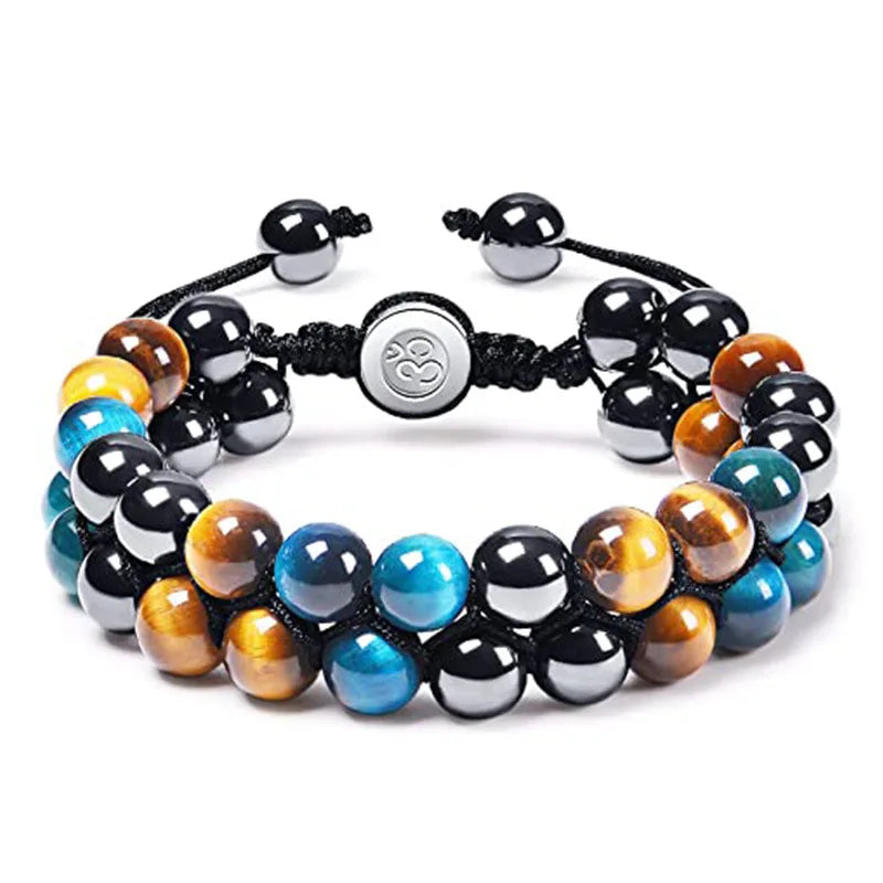 luckacco 8mm natural tiger eye stone adjustable bracelet double layer hand woven  row strand beaded bangles couple party jewelry