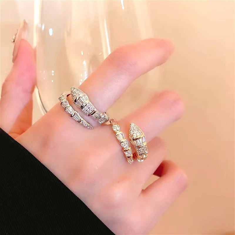 luckacco 2025 new in snake bone open ring for women shiny cubic zirconia copper rings couple funny party jewelry gifts