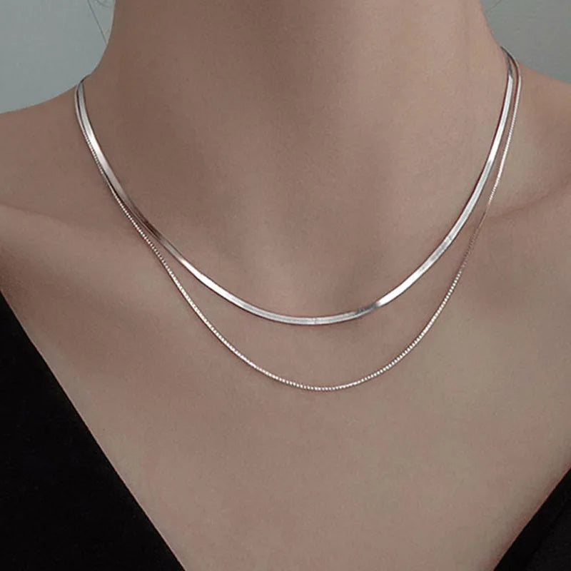 luckacco 2023 s925 silver double layer box chain snake clavicle chain necklace female fashion hip-hop retro unique design fine jewelry