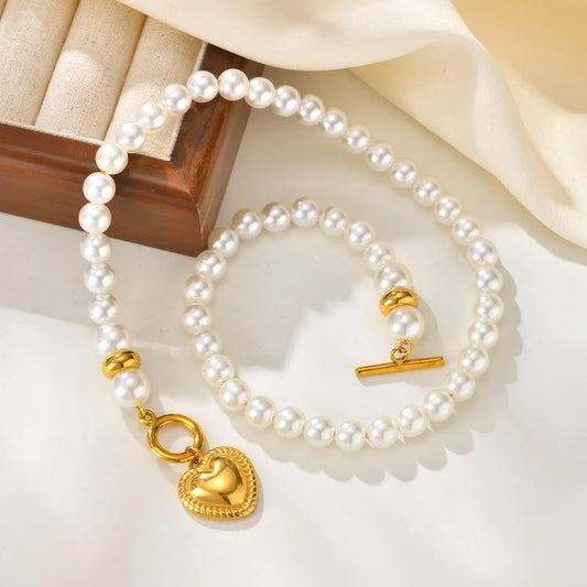 Luckacco High Quality Imitation Pearl Beaded Necklace, Stainless Steel OT Buckle Heart Pendant Choker, Luxury Statement Jewelry for Women