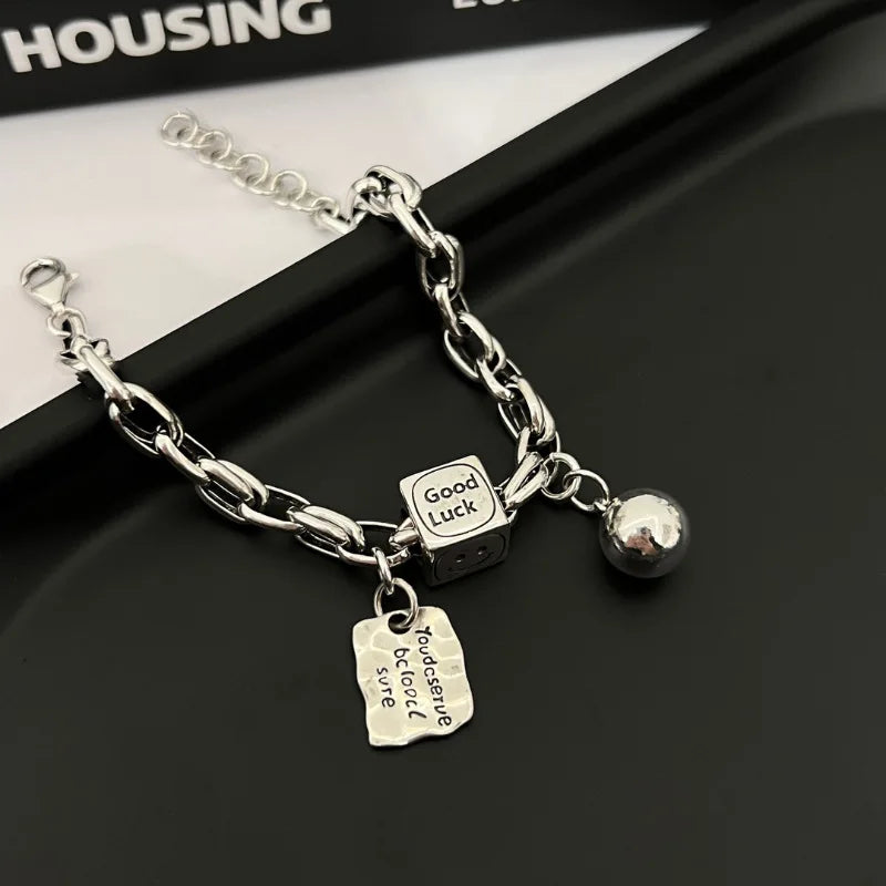 luckacco new 925 silver geometric bead punk peace of mind words irregular string bracelet for woman girl fashion jewelry gift dropship