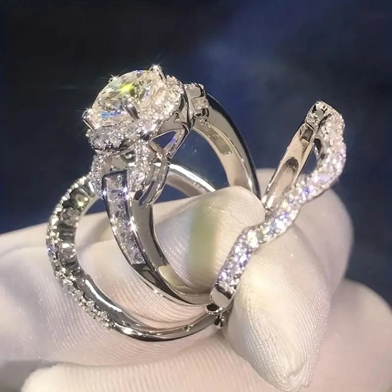 luckacco exquisite fashion silver color inlaid with white zircon engagement rings luxury elegant wedding rings set women jewelry