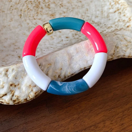 Luckacco Splicing Bamboo Tube Acrylic Smudging Bangles for Women Men Fashion Geometric Elastic Bracelets Bangles Jewelry Couple Gifts F