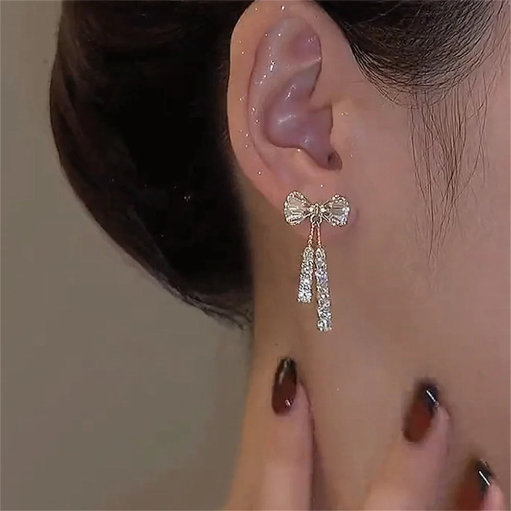 luckacco fashion zircon bow earrings acrylic crystal tassel earrings for women fashion party jewelry trendy accessories gifts