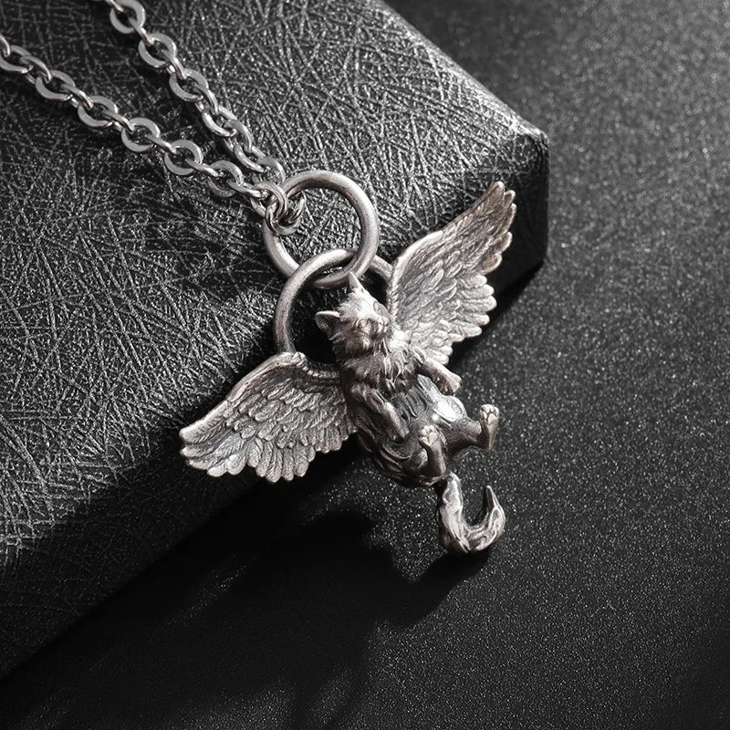 luckacco classic retro silver plated cute pet wing cat pendant necklace for men women fashion personalized clavicle chain jewelry gifts