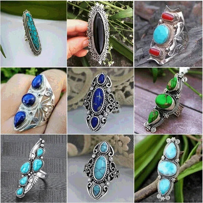 Luckacco Bohemian Ethnic Style Faux Turquoise Ring Series Large Rings for Women Personalized Vacation Party Vintage Jewelry Accessories