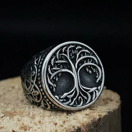 Luckacco Vintage Nordic Viking Ring Stainless Steel Men Ethnic Belief Odin Compass Valknut Tree of Life Ring Amulet Jewelry