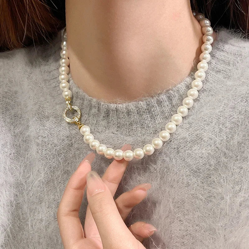 luckacco french elegant micro set zircon round buckle imitation pearl beaded necklace for women's temperament jewelry sweet accessories