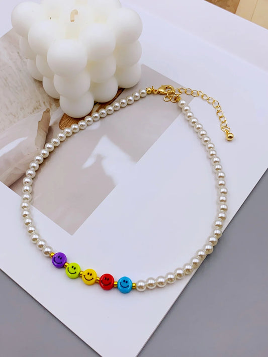 Luckacco Charming Acrylic Pearl Necklace with Colorful Smiling Beads for Women necklace for women