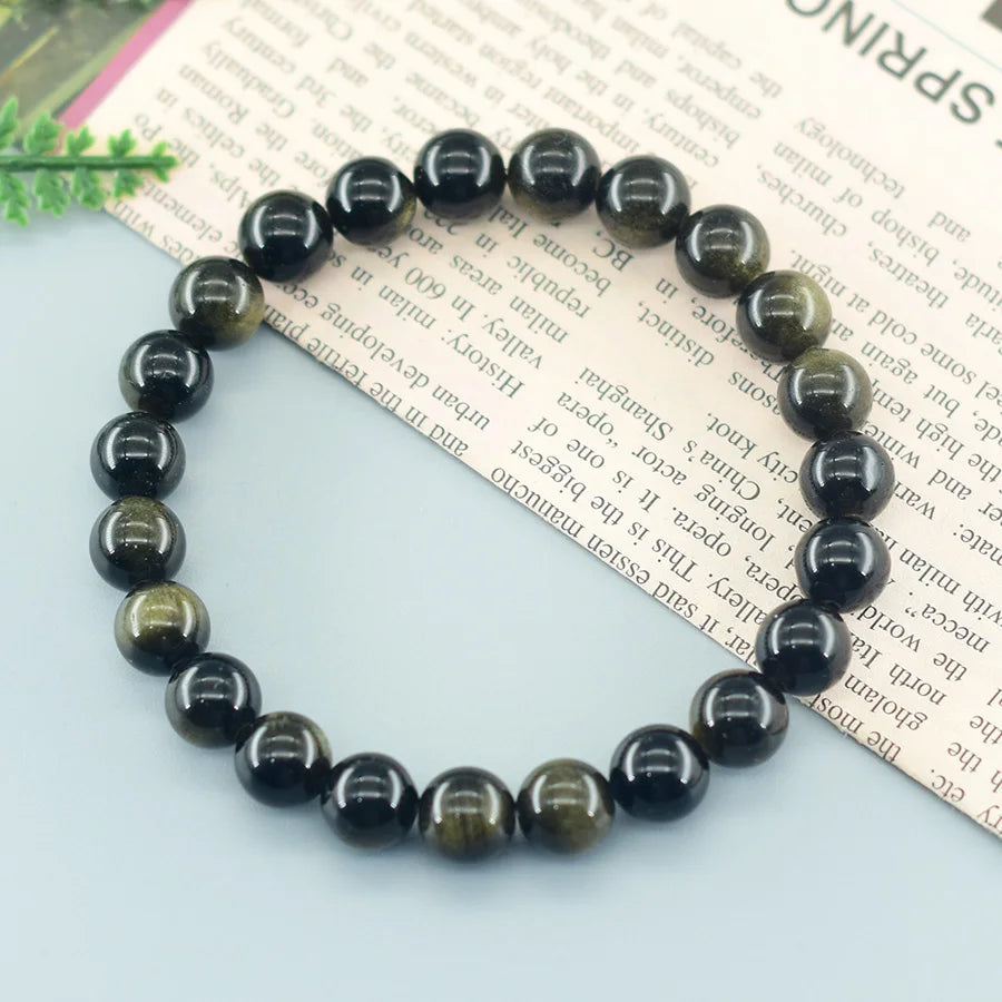 luckacco natural golden obsidian stone beads bracelet men women golden light rainbow obsidian tourmaline wealth money round jewelry gift