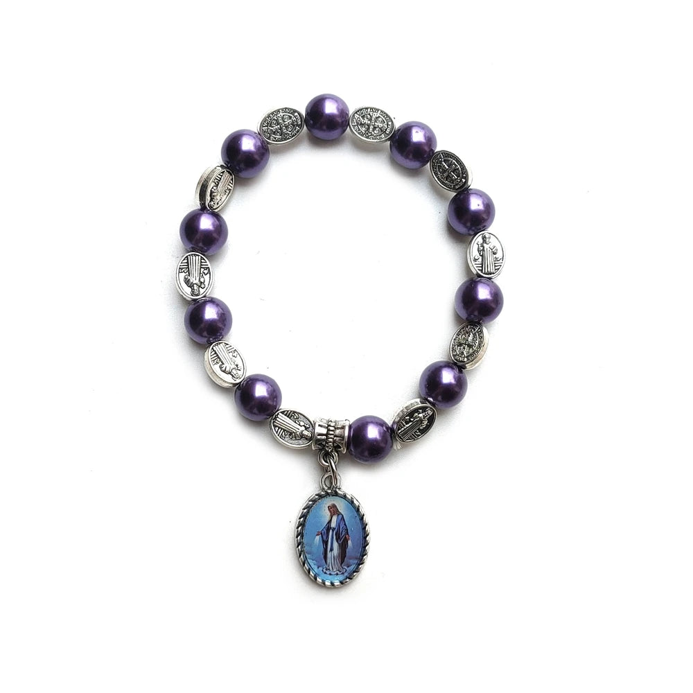 luckacco holy father mother pendant glass pearl beads strand elastic bracelet for men women religious jewelry